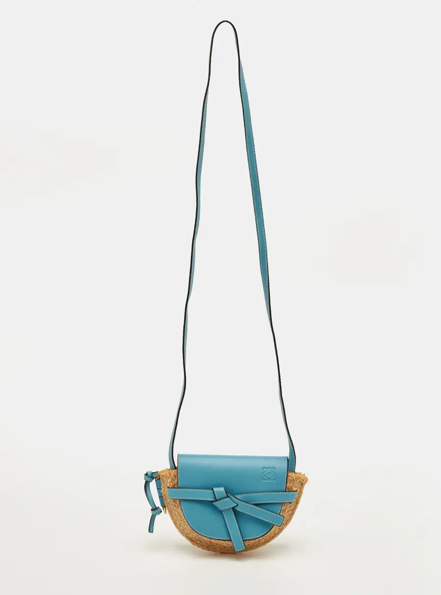 Loewe Gate Mini Blue/Beige Leather and Woven Raffia Shoulder Bag