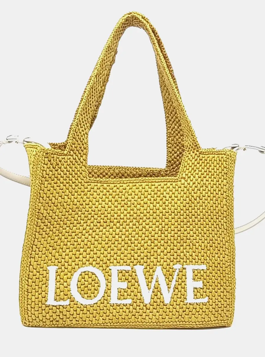 Loewe Yellow Raffia Font Tote Bag Medium
