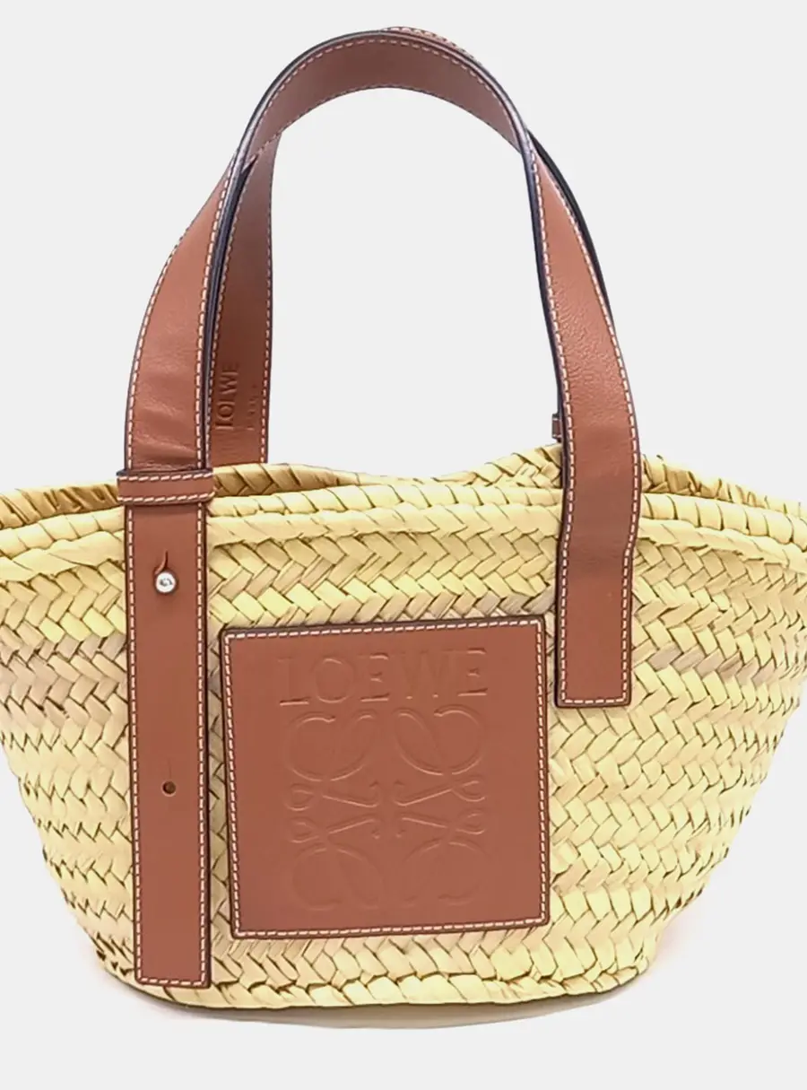 Loewe Beige Brown Multicolor Leather and Raffia Basket Woven Tote Bag