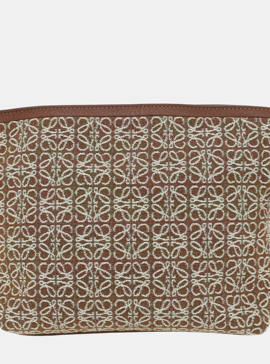 Loewe Flamenco Brown Beige Anagram Jacquard Calfskin Leather Clutch Bag