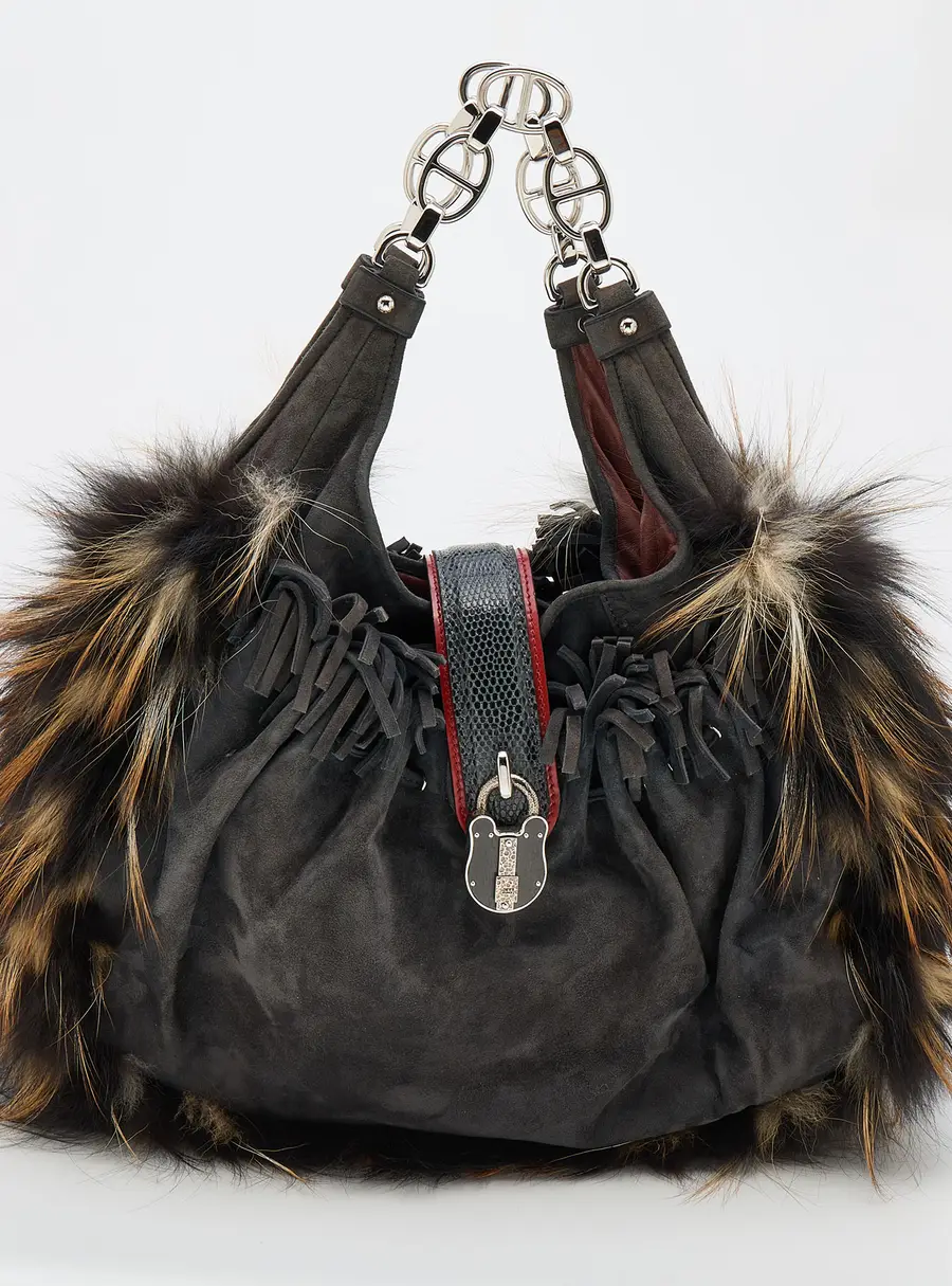 Loewe Multicolor Racoon Fur/Lizard and Suede Chain Hobo