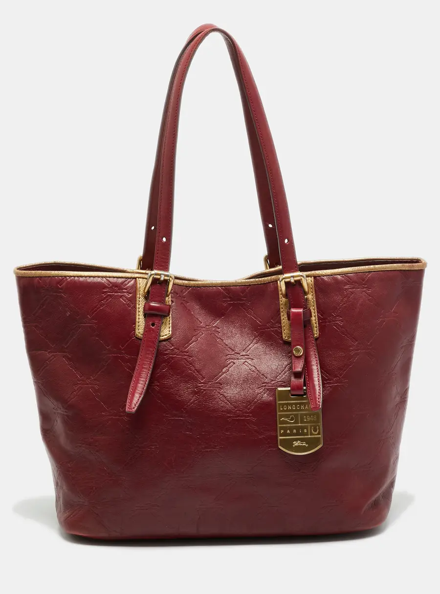 Longchamp LM Cuir Burgundy/Gold Logo Embossed Leather Tote