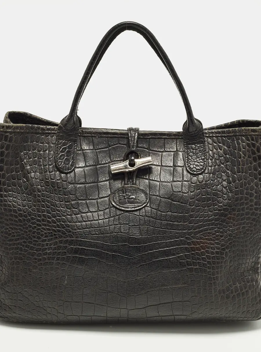 Longchamp Roseau Black Croc Embossed Leather Tote