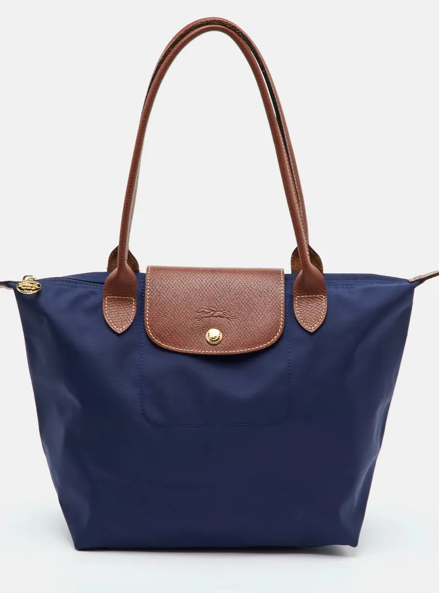 Longchamp Le Pliage Medium Navy Blue Leather and Nylon Tote