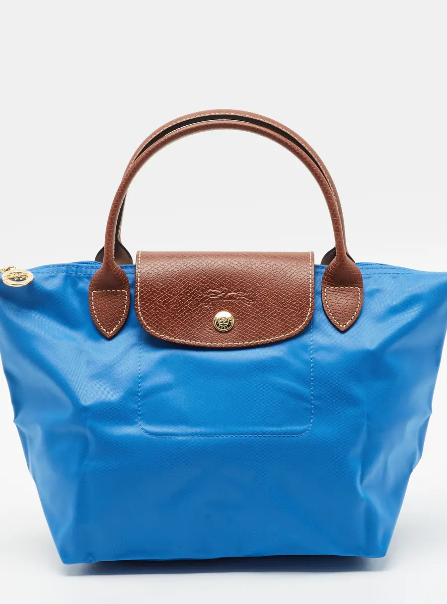 Longchamp Le Pliage Small Blue/Brown Nylon and Leather Tote