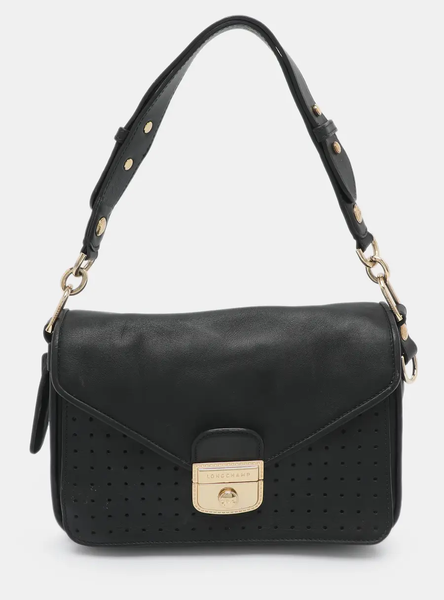 Longchamp Mademoiselle Black Perforated Leather Top Handle Bag