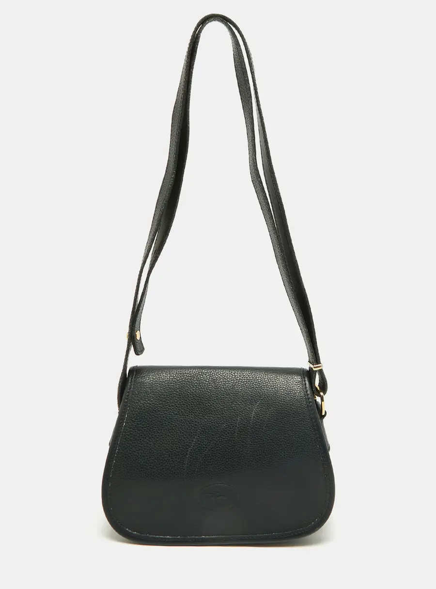 Longchamp Black Leather Flap Crossbody Bag