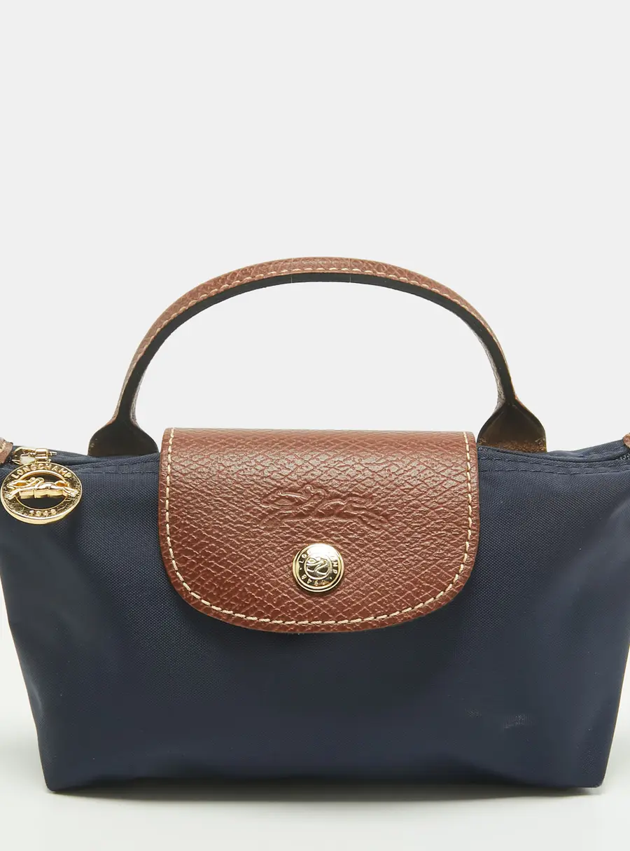 Longchamp Le Pliage Navy Blue/Brown Nylon Handle Pouch