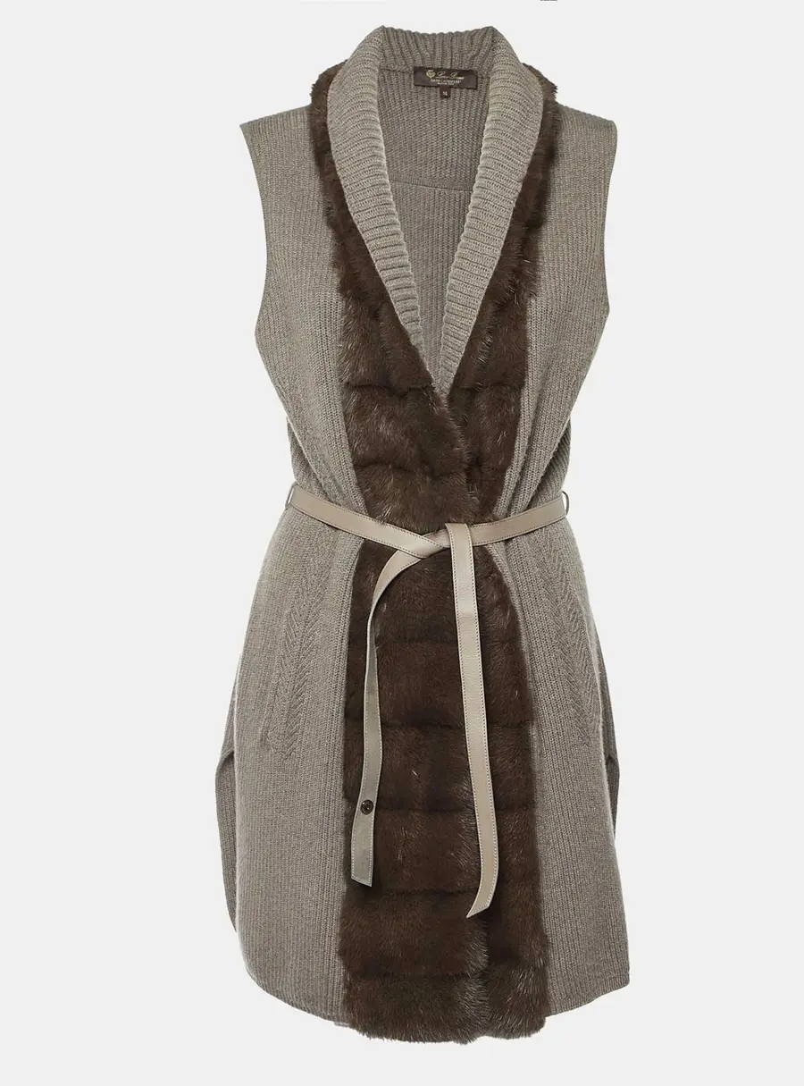 Loro Piana Grey Cashmere Knit Mink Fur Trim Belted Cardigan M