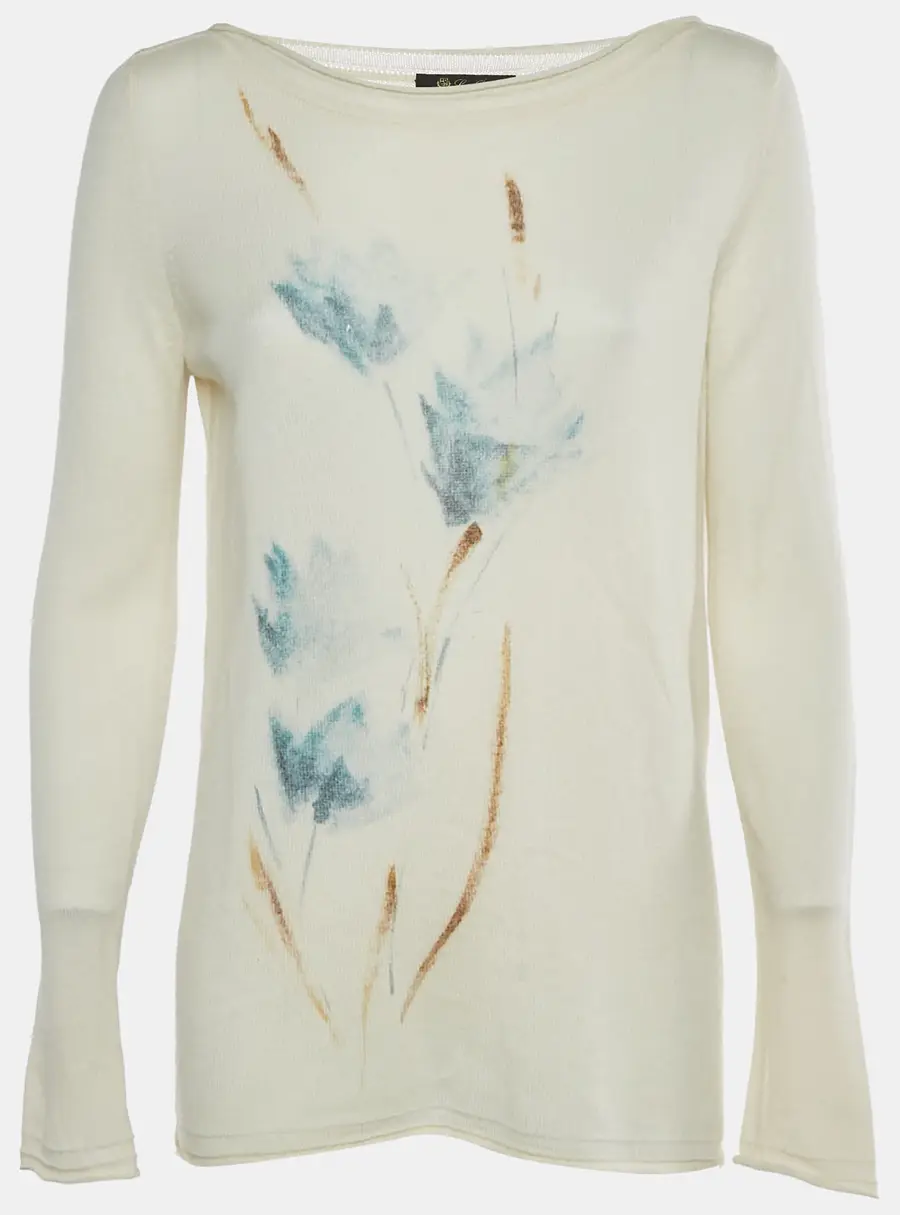 Loro Piana Cream Floral Print Cashmere Knit Sweater M