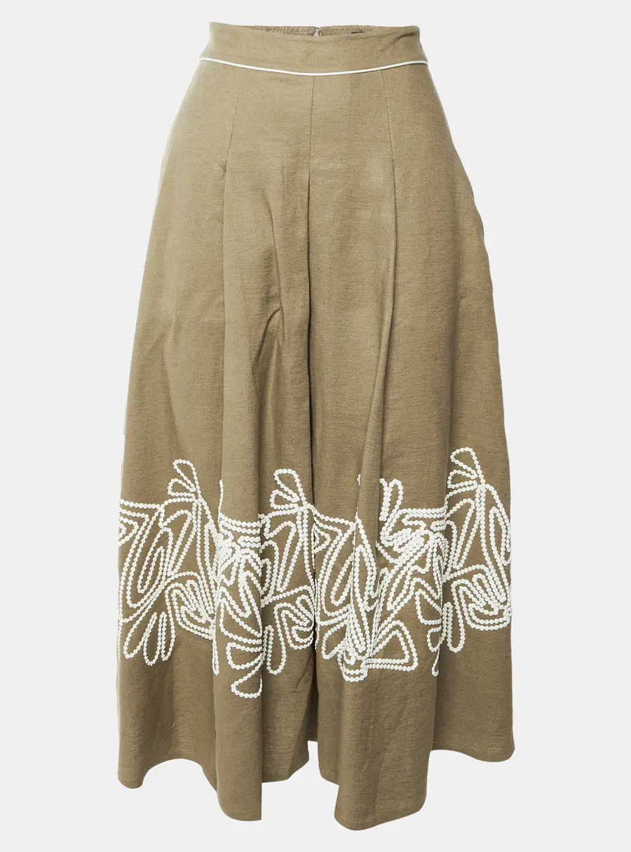 Loro Piana Khaki Brown Linen Embroidered Midi Skirt S