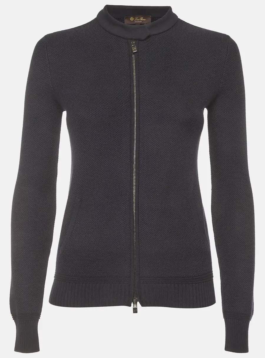 Loro Piana Navy Blue Textured Knit Zip-Up Cardigan XS