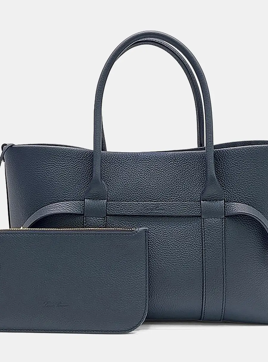 Loro Piana Giera Small Shopper Blue Grained Calfskin Leather Tote Bag