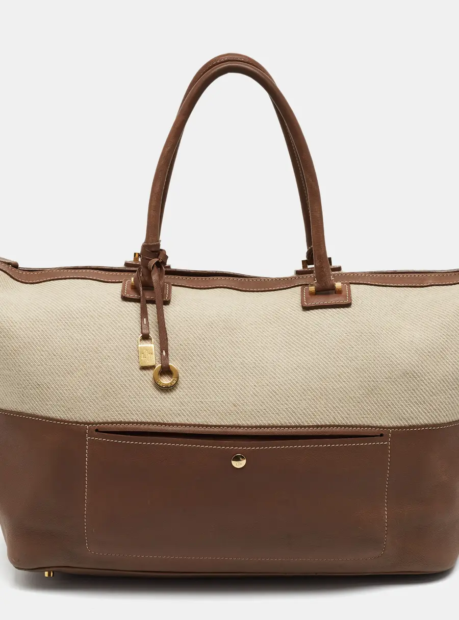 Loro Piana Beige/Brown Canvas and Leather Duffel Bag