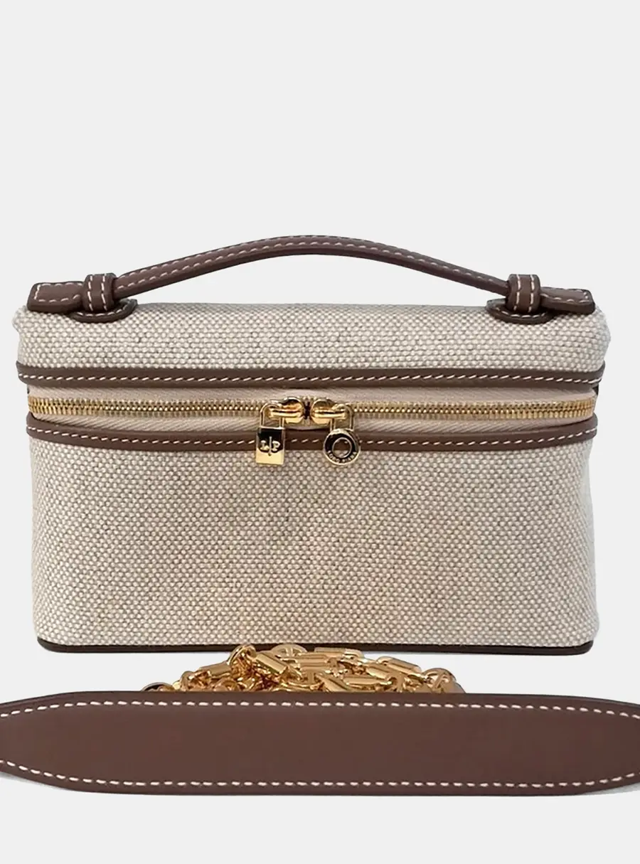Loro Piana Extra Pocket Mini Pouch Beige Canvas Brown Leather Top Handle Bag