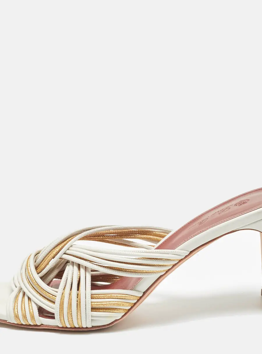 Loro Piana Size 40.5 White/Gold Leather Strappy Slide Sandals