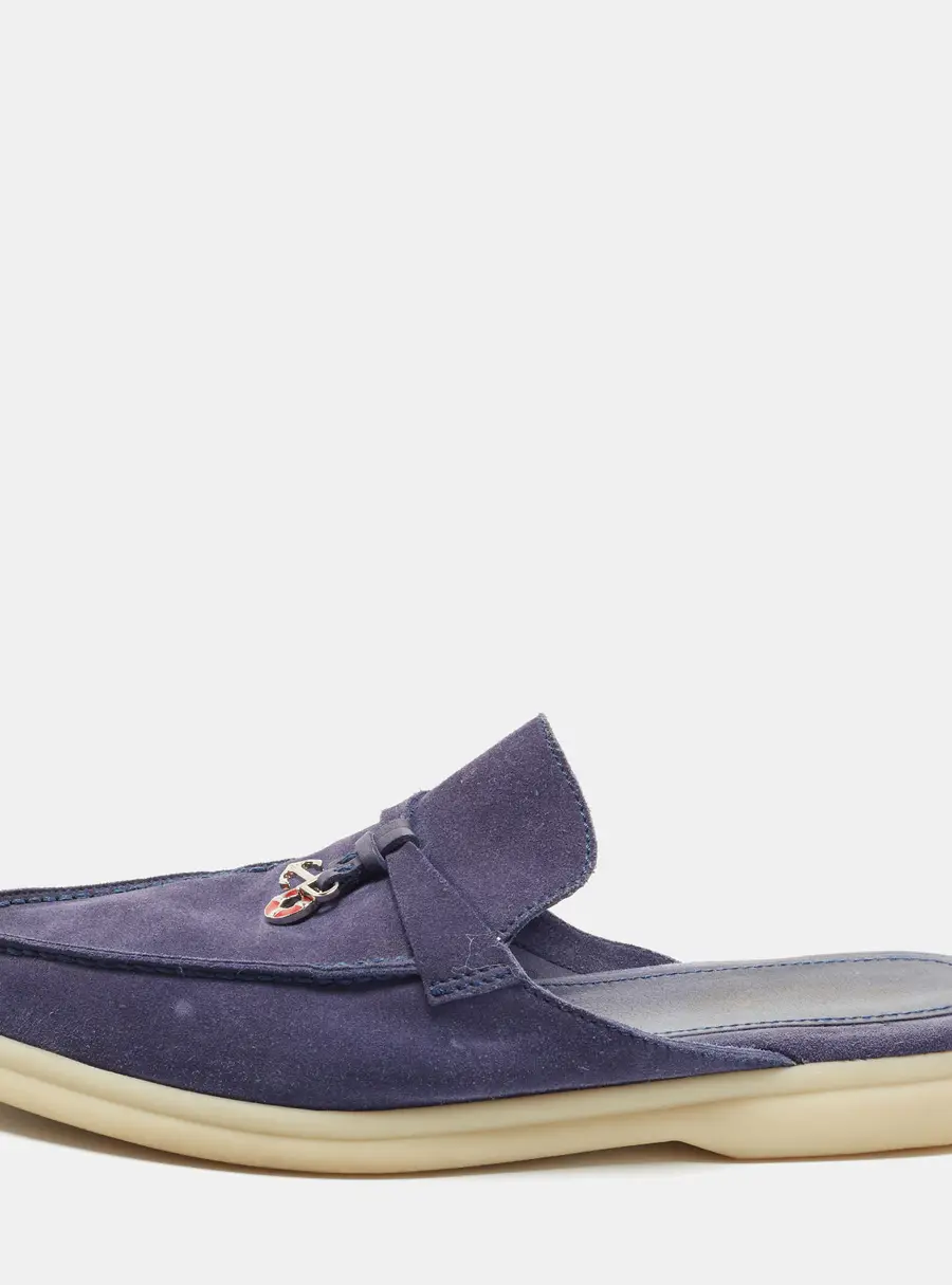 Loro Piana Babouche Charms Walk Size 37 Navy Blue Suede Flat Mules