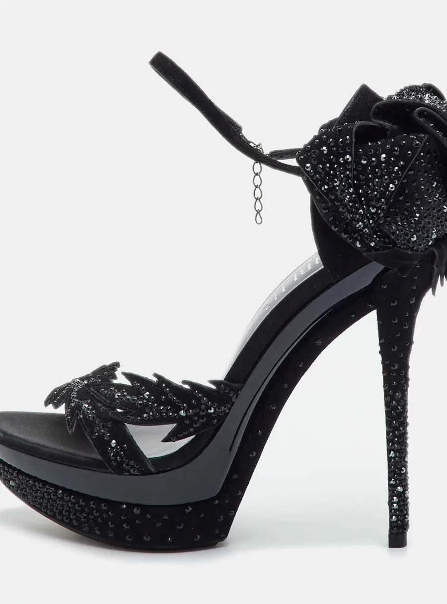 Loriblu Size 38 Black Suede Platform Crystal Embellished Ankle Strap Sandals