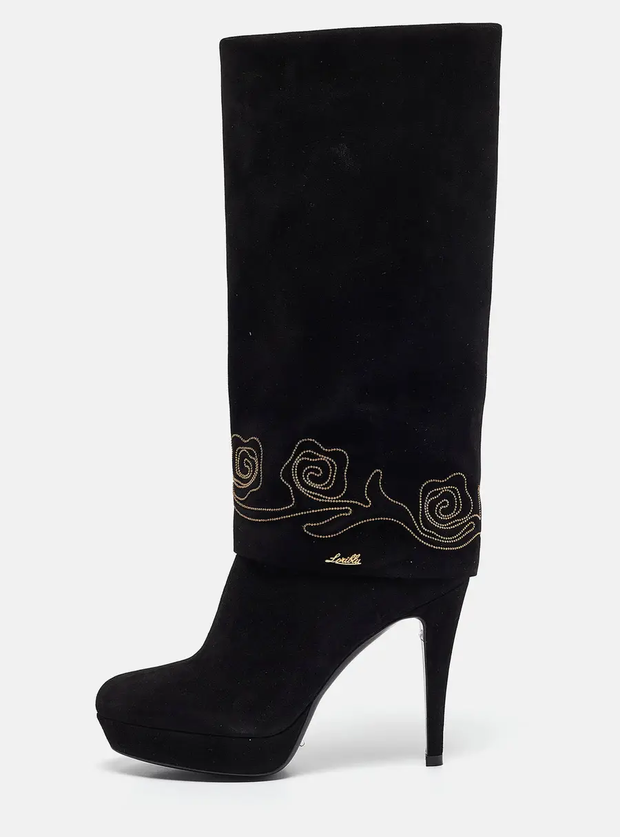 Loriblu Black Suede Cuff Embroidered Knee Length Boots Size 37.5