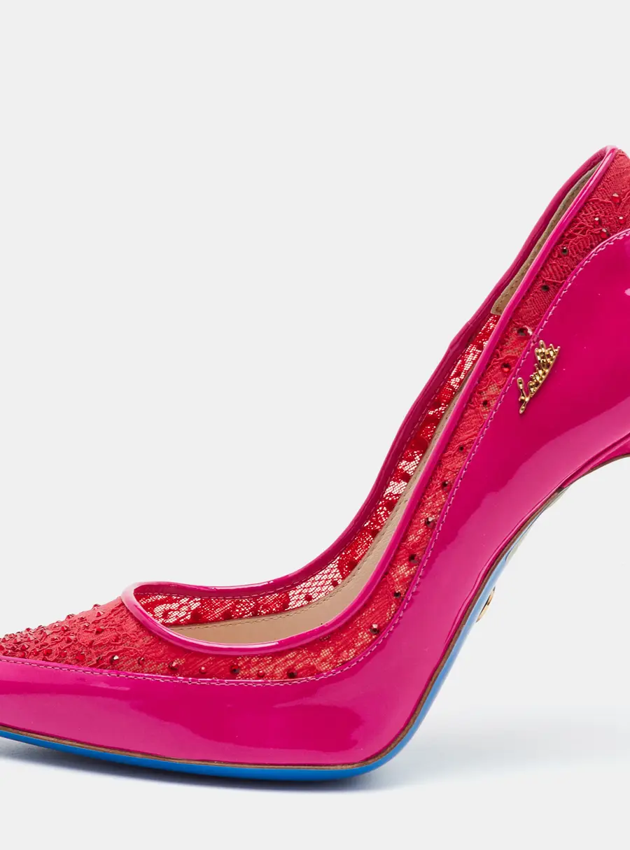 Loriblu Size 37 Bright Pink Lace and Patent Leather Pointed Toe Pumps