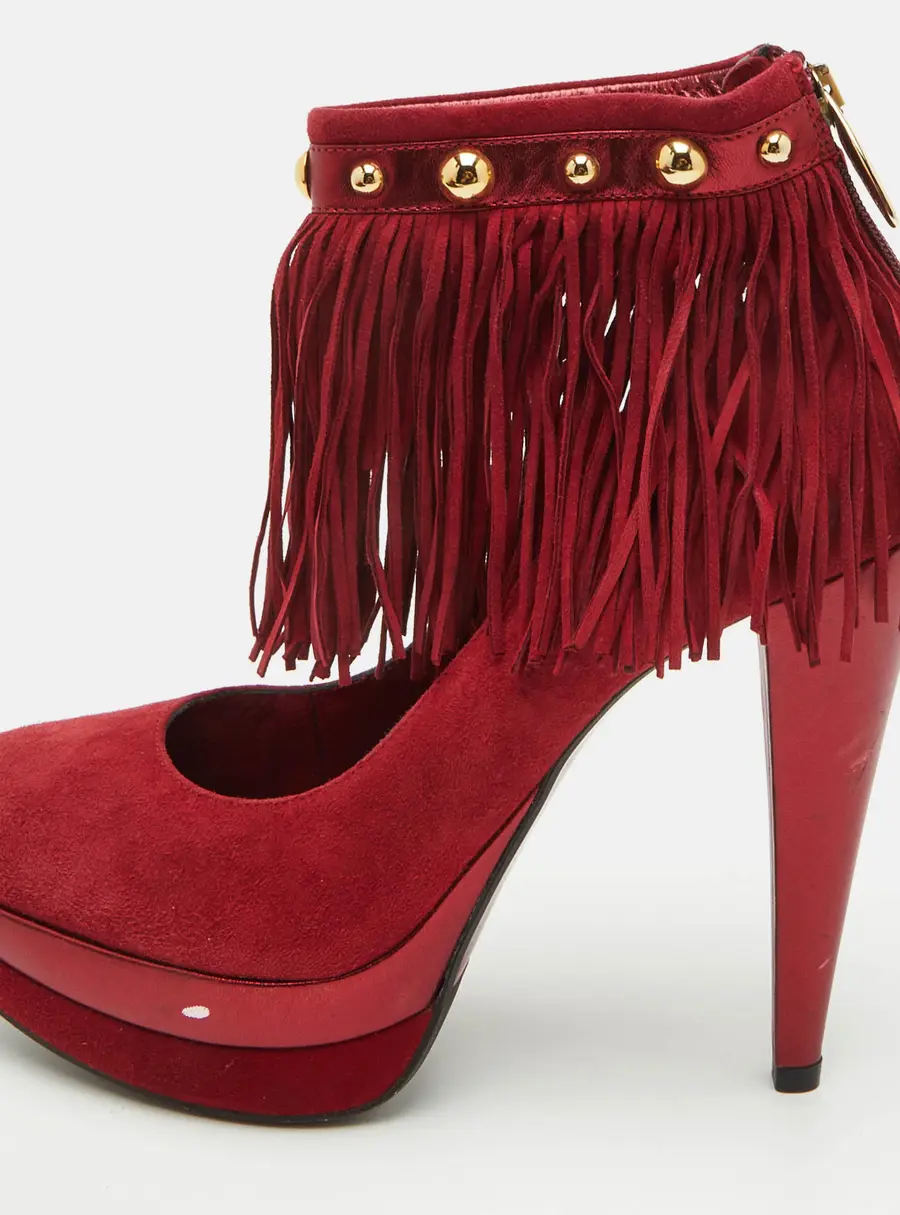 Loriblu Size 40 Dark Red Suede Fringe Ankle Strap Platform Pumps