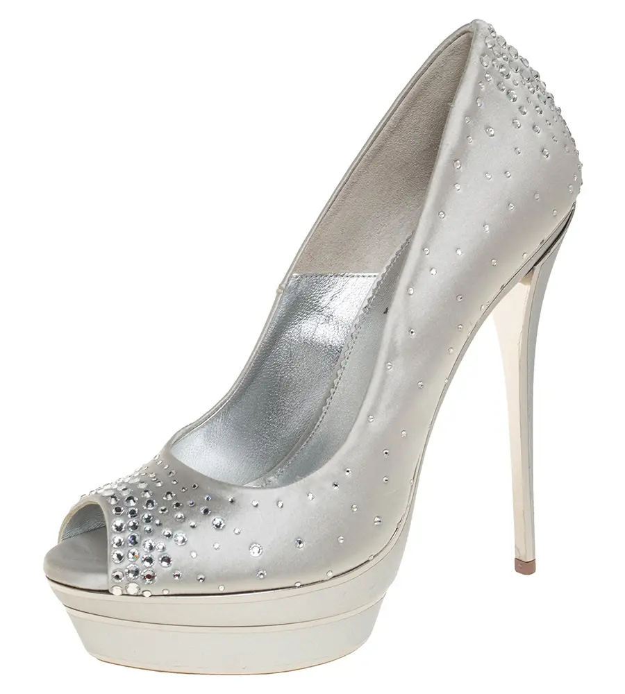 Loriblu Silver Satin Crystal Embellished Peep Toe Platform Pumps Size 38