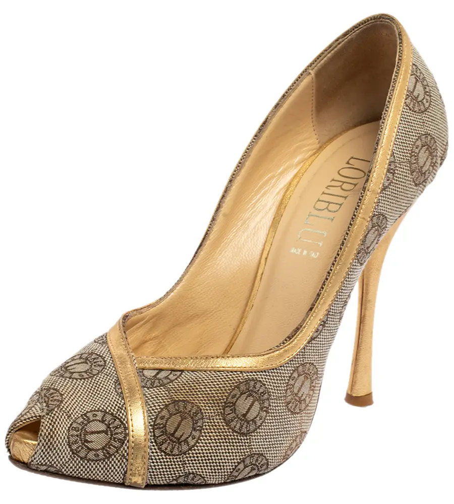 Loriblu Beige Canvas Monogram Peep Toe Pumps Size 38