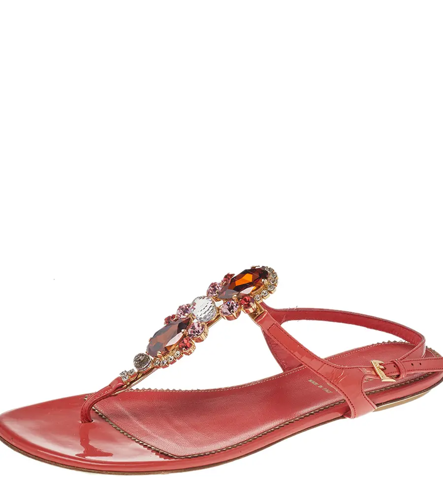 Loriblu Orange Patent Leather Crystal Embellished Ankle Strap Flat Sandals Size 40