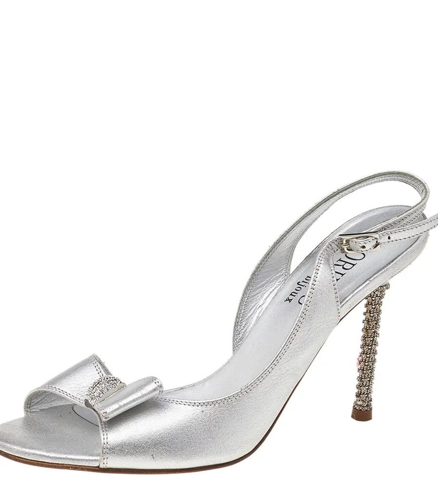 Loriblu Metallic Silver Leather Crystal Embellished Ankle Strap Sandals Size 39