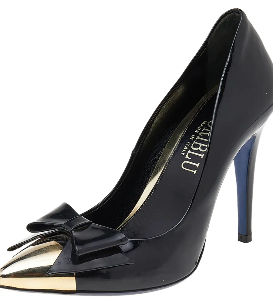Loriblu Black Patent Leather Pointed Metal Cap Toe Pumps Size 37