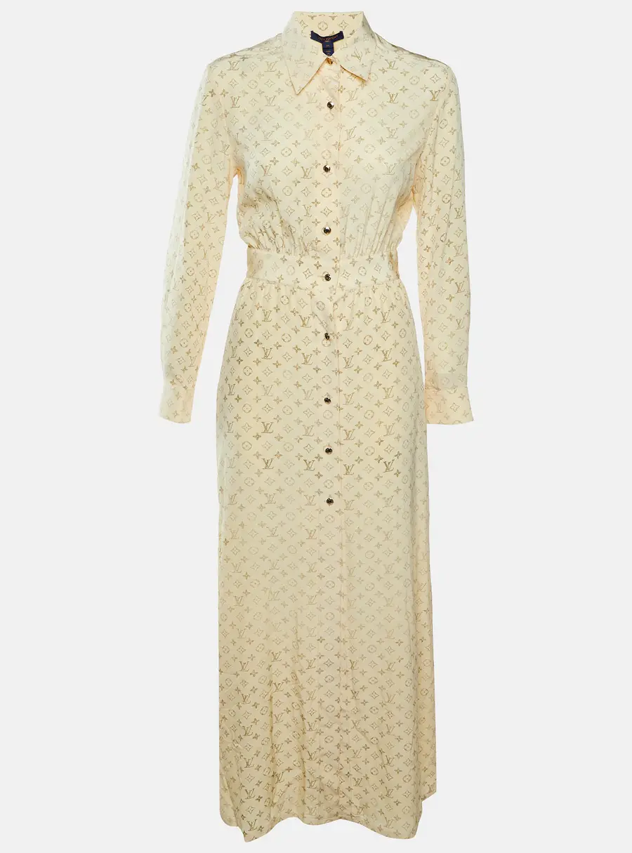 Louis Vuitton Butter Yellow Washed Monogram Silk Crepe Shirt Dress S