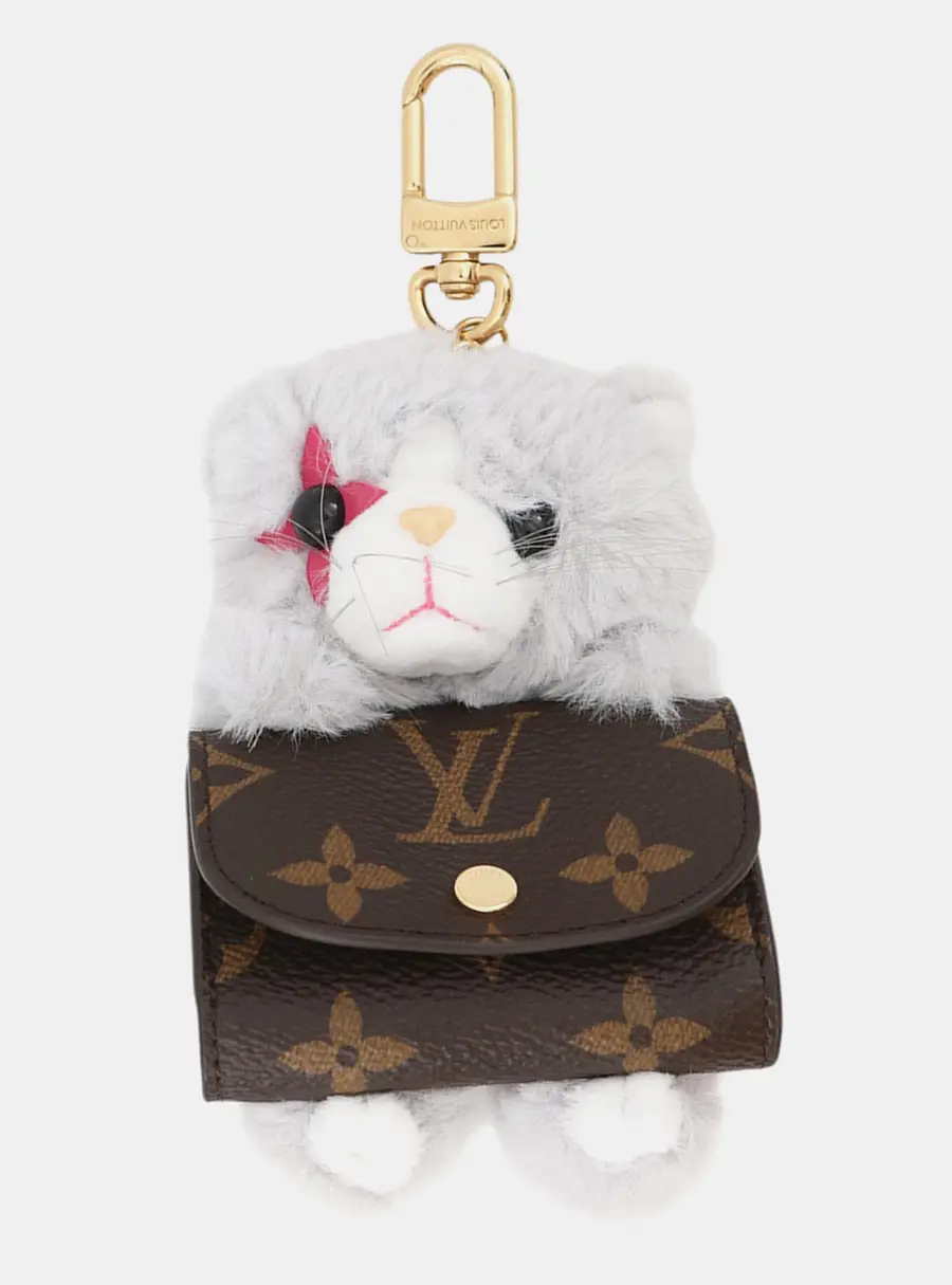 Louis Vuitton Cute Kitten Gray Monogram Canvas Faux Fur Bag Charm