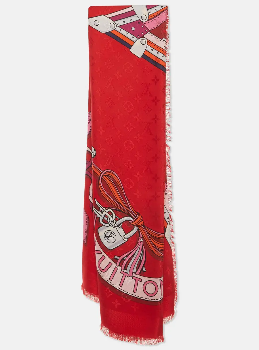 Louis Vuitton Red Flower And Straps Print Silk Square Scarf
