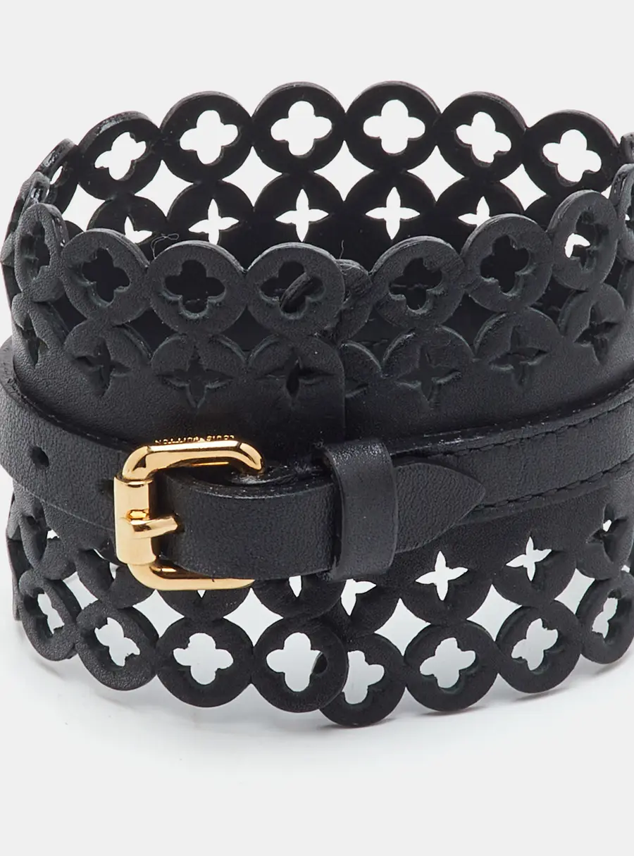 Louis Vuitton Flower It Cutout Motif Black Leather Gold Tone Cuff Bracelet