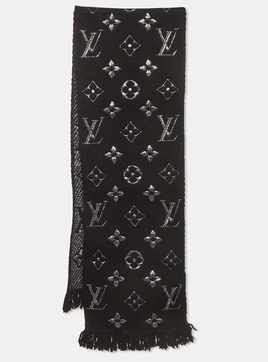 Louis Vuitton Black/Silver Wool & Silk Logomania Shine Scarf