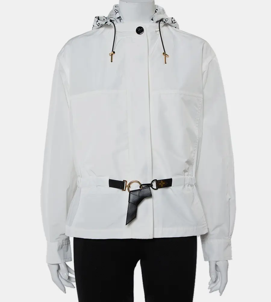 Louis Vuitton White Synthetic Logo Printed Hood Detail Belted Parka Jacket M