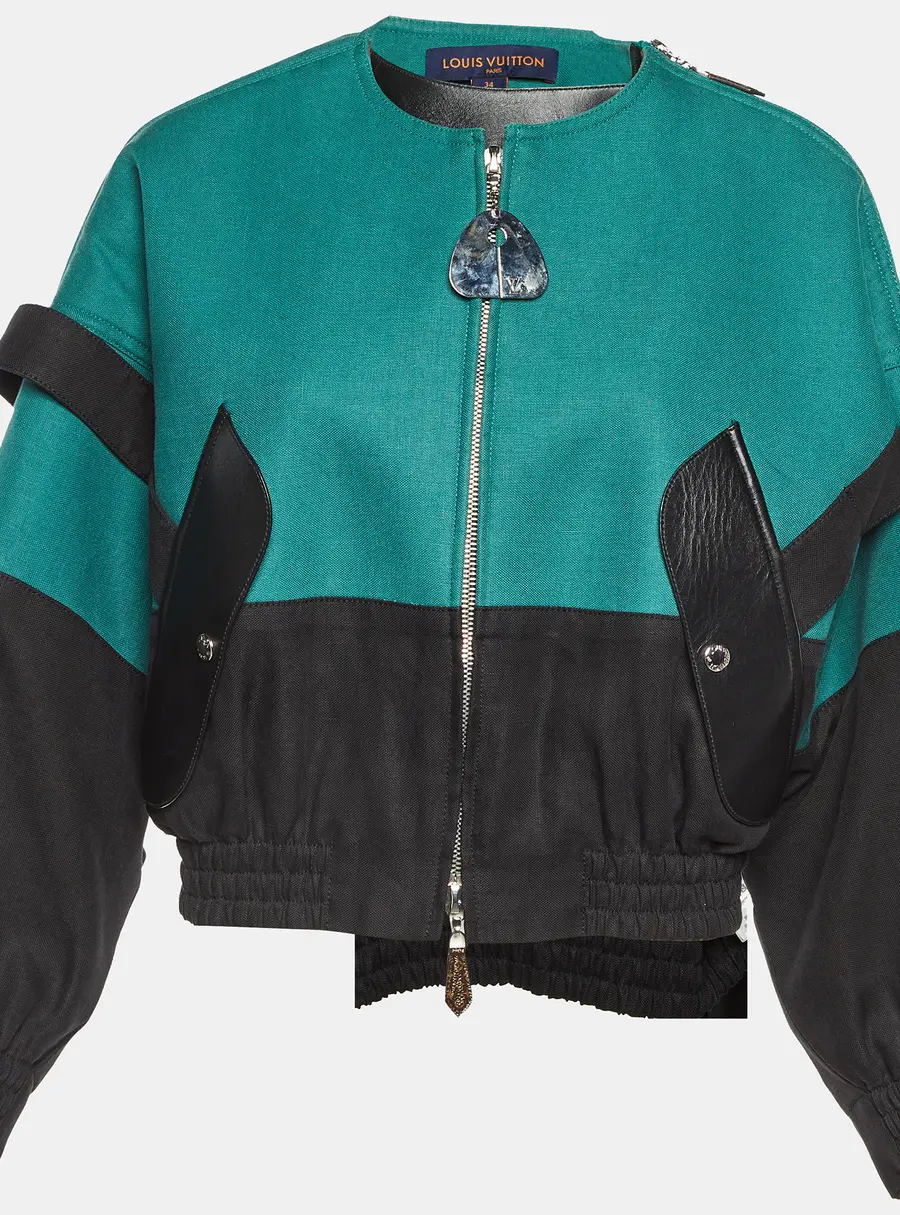 Louis Vuitton Green Linen Leather Trim Bomber Jacket S