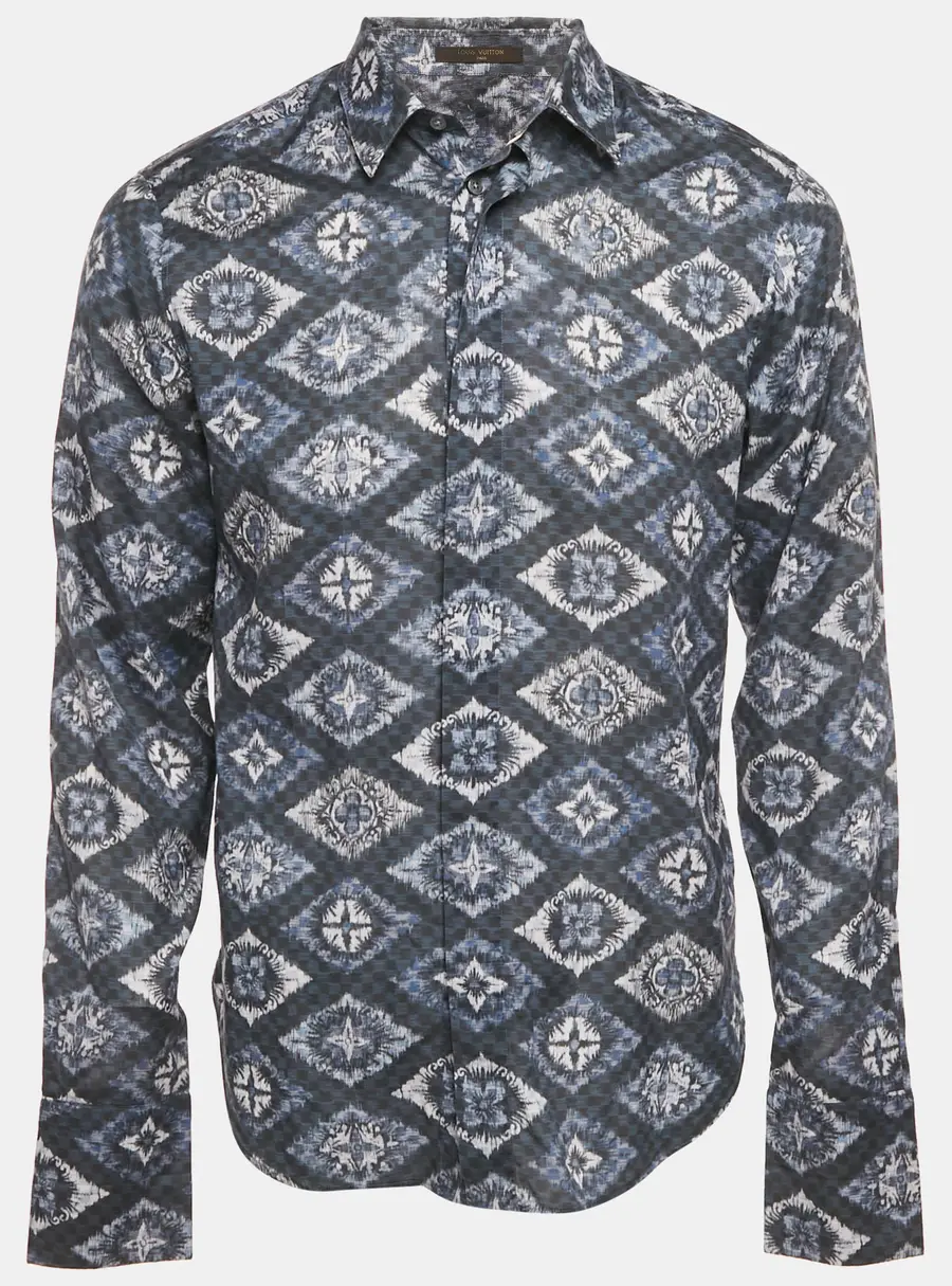 Louis Vuitton Blue/Grey Logo Print Cotton Long Sleeve Shirt M