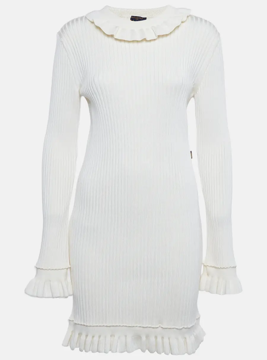 Louis Vuitton Ivory Rib Knit Ruffled Mini Dress XL