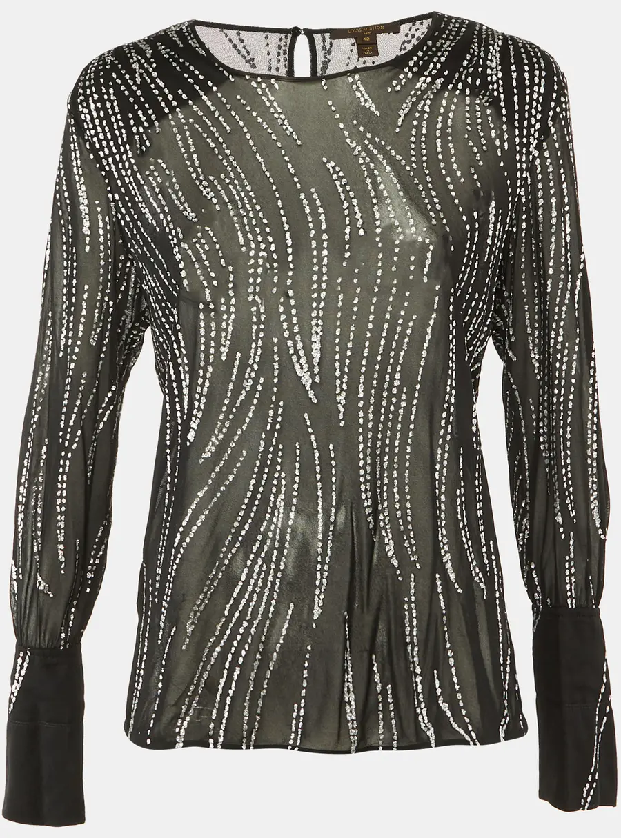 Louis Vuitton Black Glitter Print Mesh Sheer Top L