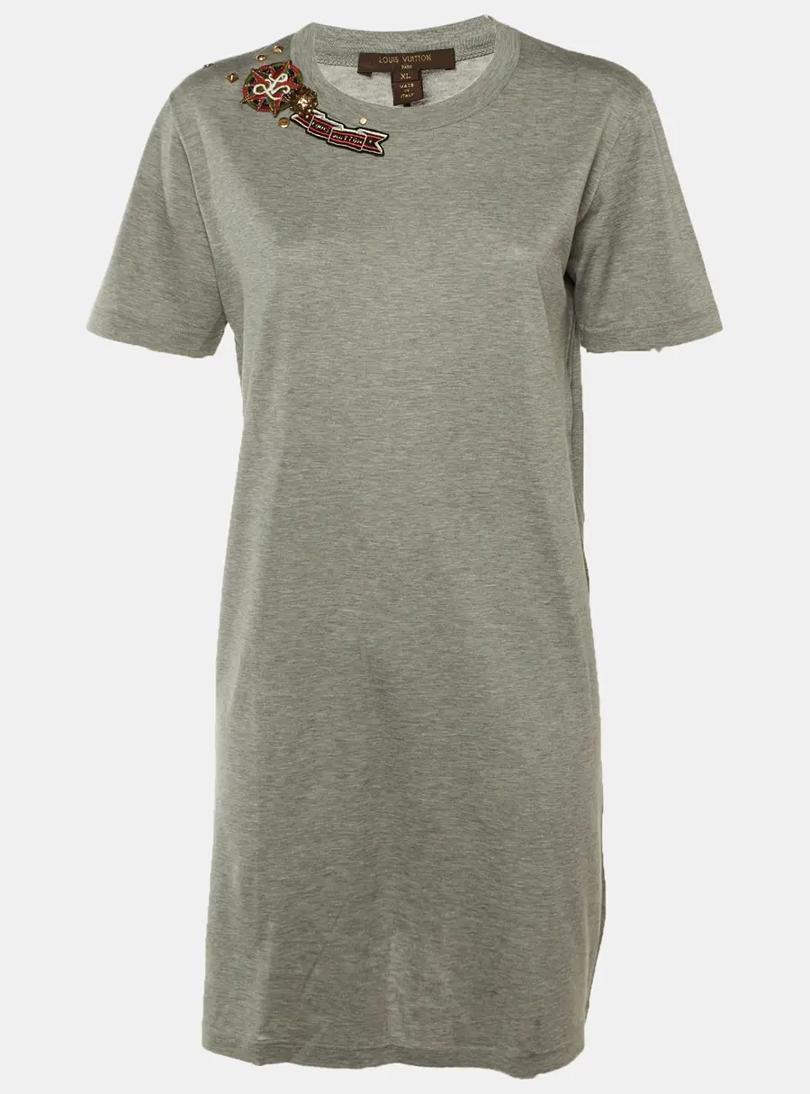 Louis Vuitton Grey Logo Patch Embellished Detail Cotton T-Shirt XL