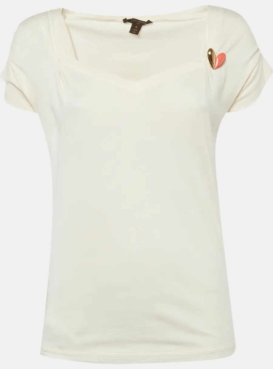 Louis Vuitton Cream Jersey Heart Brooch T-Shirt S