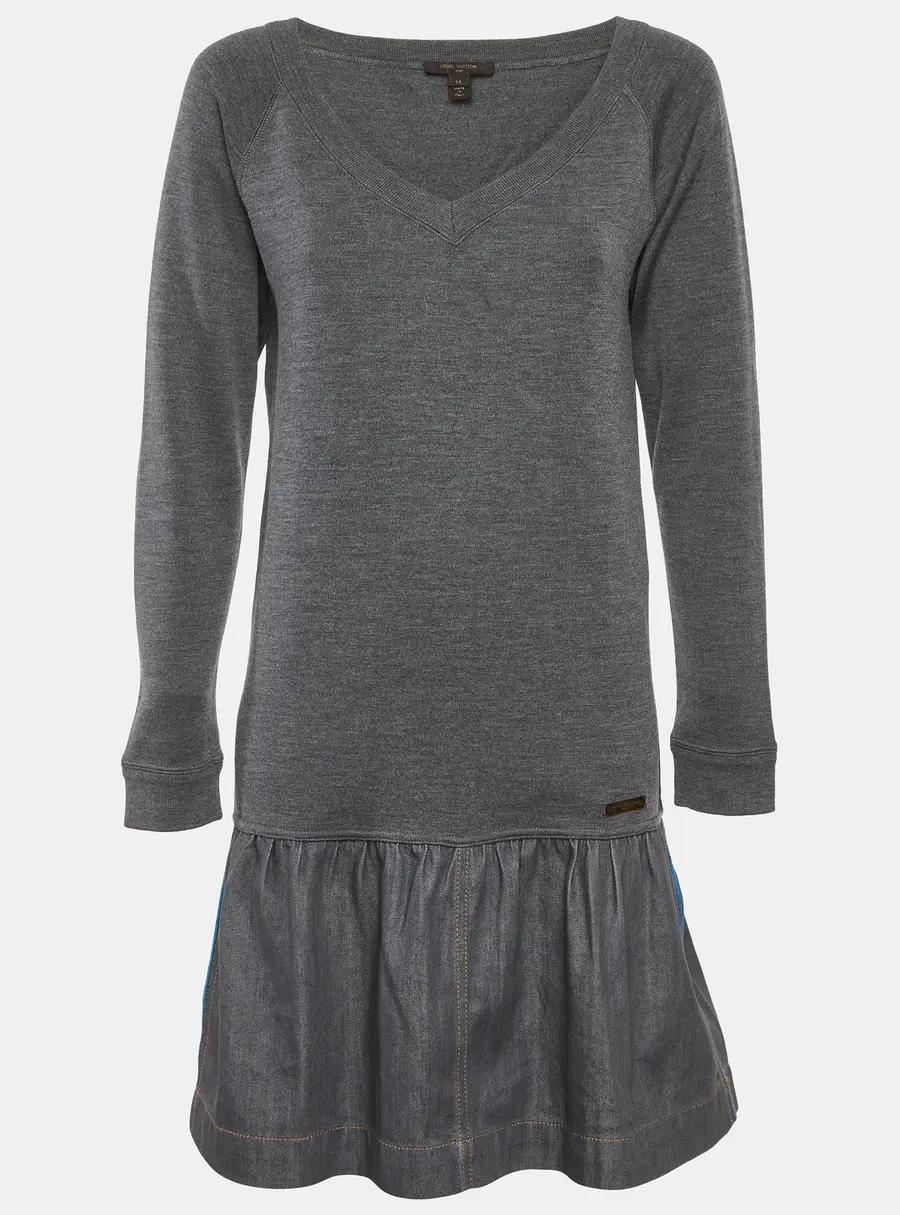 Louis Vuitton Grey Wool Knit and Cotton Pleated Short Dress M