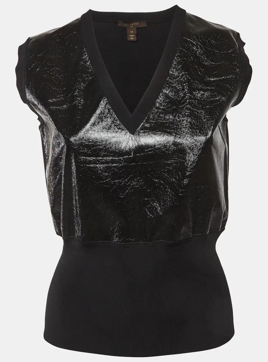 Louis Vuitton Black Stretch Knit & Leather Randa Salloum Top M