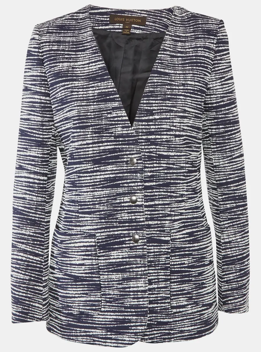 Louis Vuitton Navy Blue/White Tweed Button Front Jacket L