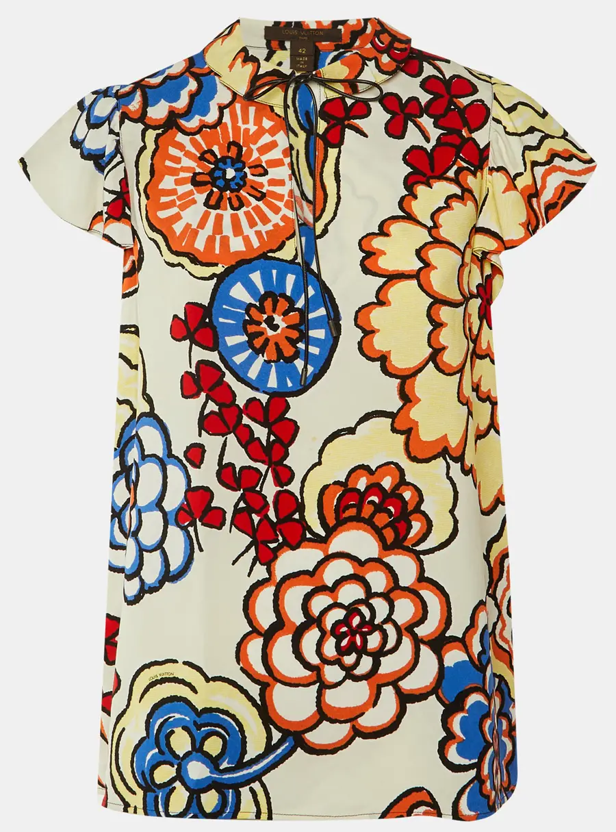 Louis Vuitton Off White Floral Printed Crepe Top L