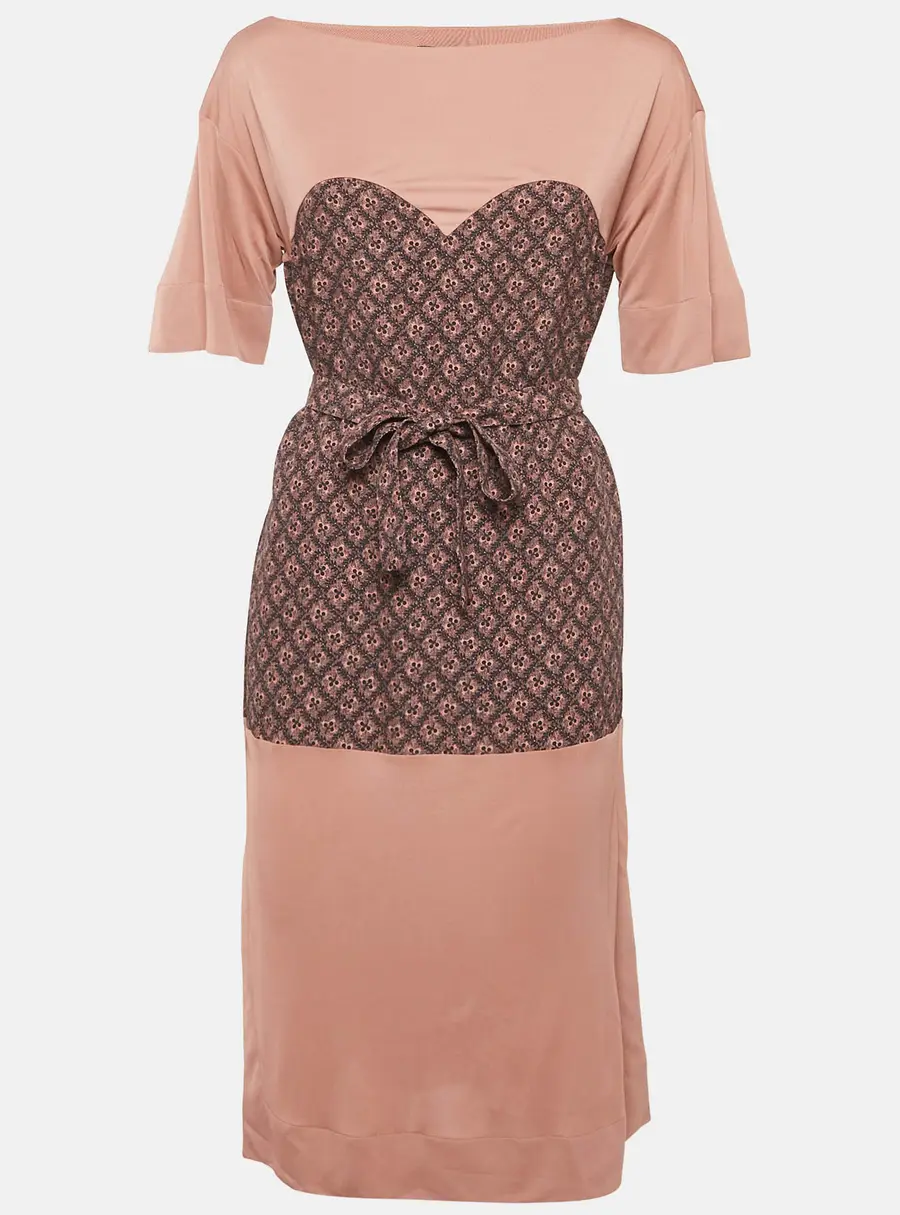 Louis Vuitton Pink/Navy Blue Pattern Belted Midi Dress S