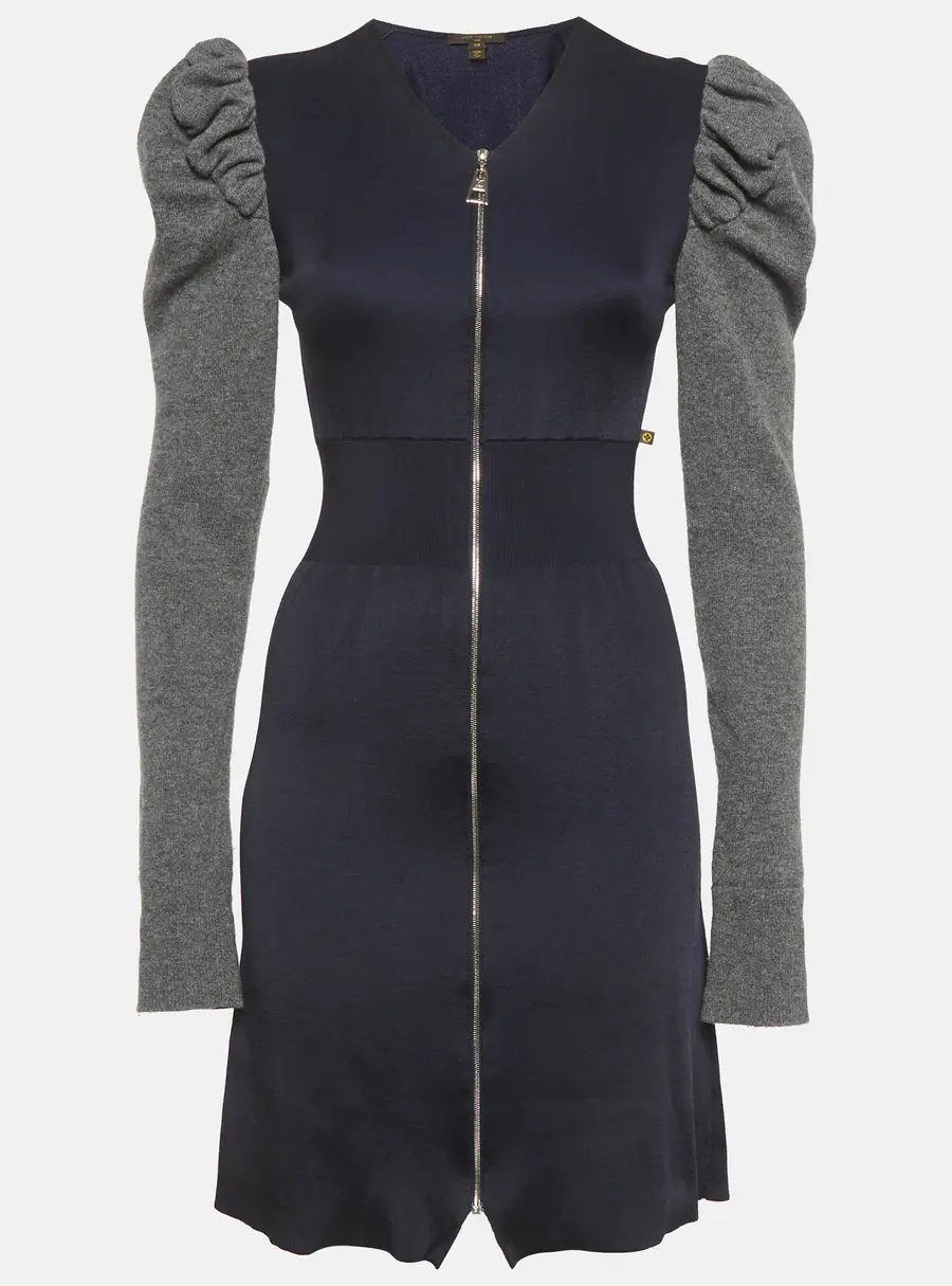 Louis Vuitton Navy Blue/Grey Knit Zip-Up Mini Dress XS