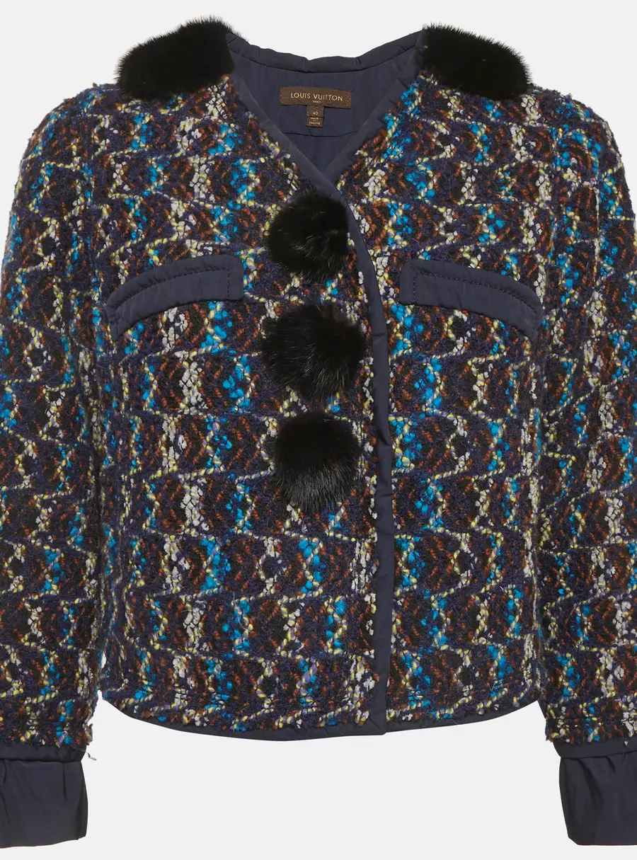 Louis Vuitton Navy Blue Mink Fur Trim Tweed Jacket M