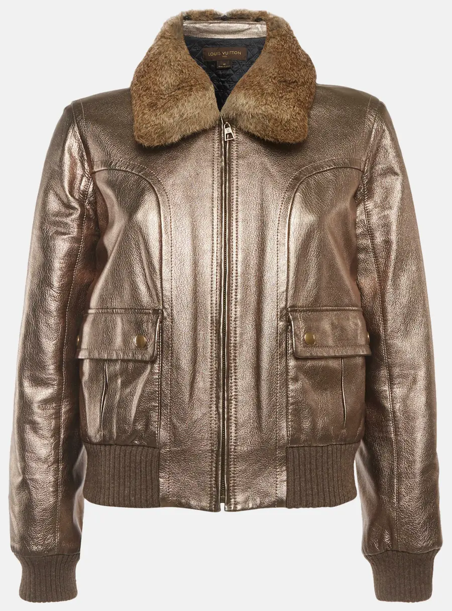 Louis Vuitton Gold Metallic Leather and Fur Collar Aviator Jacket M